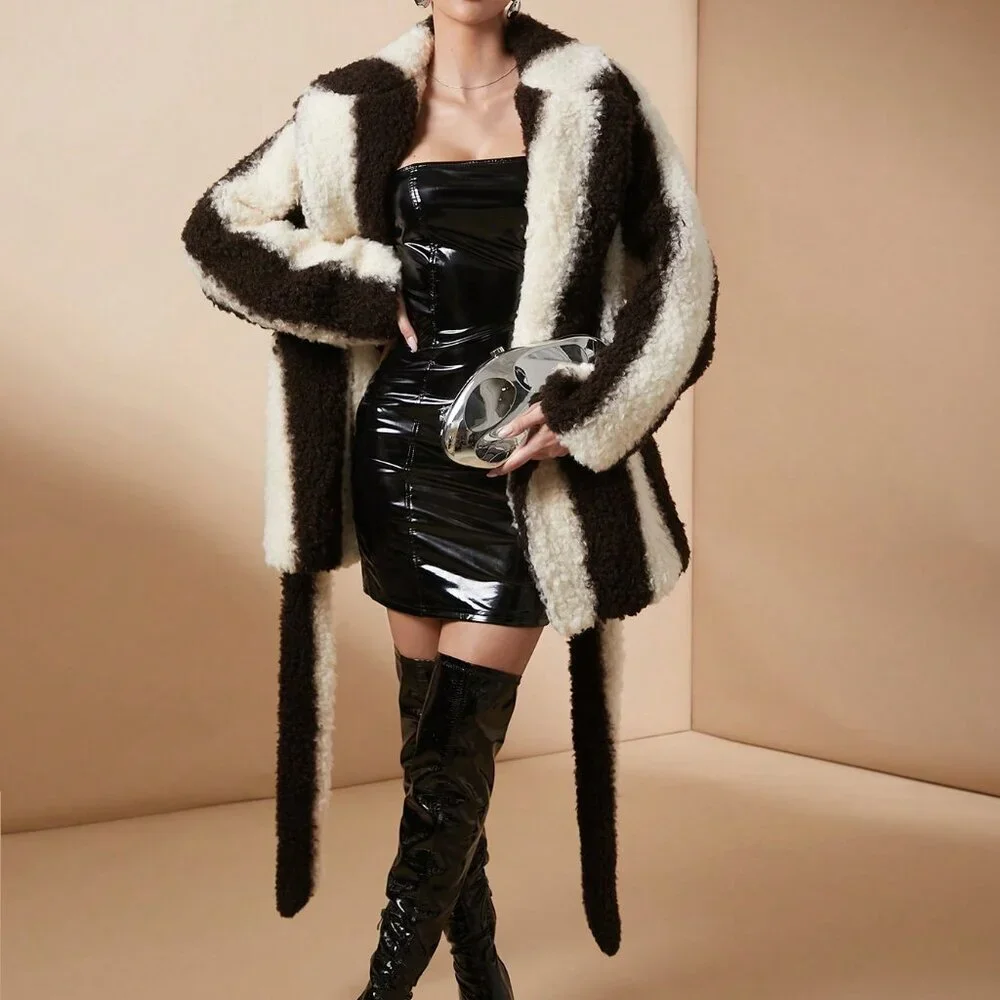 Black And White Casual Women's Colorblock Luxurious Long Sleeve Fluffy Coat - Picture 6 of 8